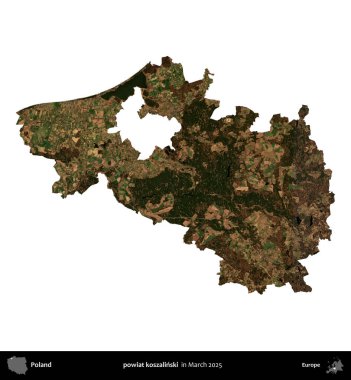 powiat koszalinski. Polonya idari bölgesi, Mart 2025 'te çekilen Kopernik Nöbetçi karolarından oluşan bir uydu görüntüsü üzerinde beyaza izole edildi.