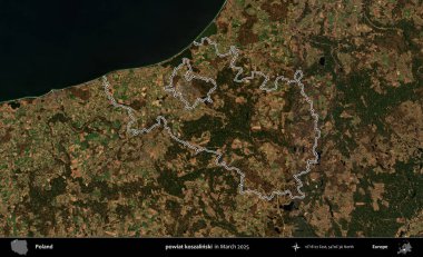 powiat koszalinski. Polonya 'nın idari bölgesinin ana hatları, Mart 2025' te çekilen Kopernik Nöbetçi karolarından oluşan bir uydu görüntüsü üzerine çizildi.