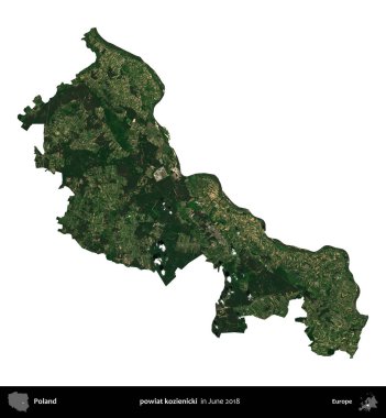 powiat kozienicki. Polonya idari bölgesi, Haziran 2018 'de çekilen Kopernik Nöbetçi karolarından oluşan bir uydu görüntüsü üzerinde beyaza izole edildi.