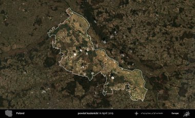 powiat kozienicki. Polonya 'nın idari alanı, Nisan 2019' da çekilen Kopernik Nöbetçi karolarından oluşan koyu renkli bir uydu görüntüsü üzerine vurgulandı ve özetlendi.