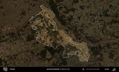 powiat kozienicki. Polonya 'nın idari alanı, Mart 2025' te çekilen Kopernik Nöbetçi karolarından oluşan koyu renkli bir uydu görüntüsü üzerine vurgulandı ve özetlendi