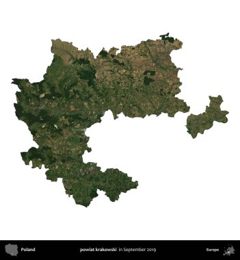 powiat krakowski. Polonya idari bölgesi, Eylül 2019 'da çekilen Kopernik Nöbetçi karolarından oluşan bir uydu görüntüsü üzerinde beyaza izole edildi.