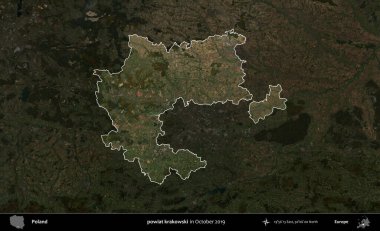 powiat krakowski. Polonya 'nın idari alanı, Ekim 2019' da çekilen Kopernik Nöbetçi karolarından oluşan koyu renkli bir uydu görüntüsü üzerine vurgulandı ve özetlendi.