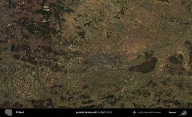 powiat krakowski. Nisan 2020 'de Copernicus Sentinel karolarından oluşan bir uydu görüntüsü üzerine Polonya' nın idari bölgesi