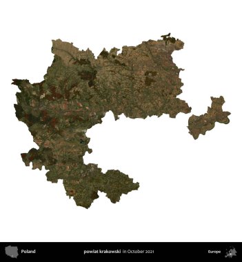 powiat krakowski. Polonya idari bölgesi, Ekim 2021 'de çekilen Kopernik Nöbetçi karolarından oluşan bir uydu görüntüsü üzerinde beyaza izole edildi.