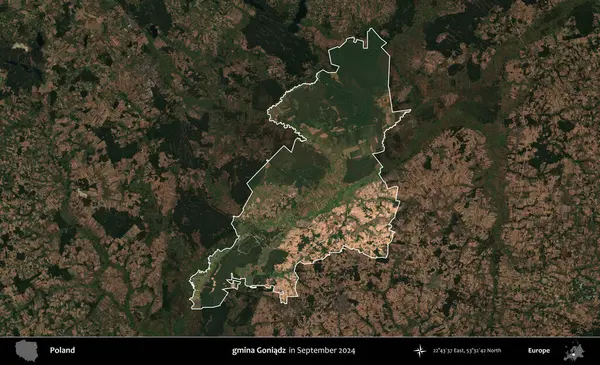gmina Goniadz. Polonya 'nın idari alanı, Eylül 2024' te çekilen Kopernik Nöbetçi karolarından oluşan koyu renkli bir uydu görüntüsü üzerine vurgulandı ve özetlendi