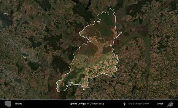 gmina Goniadz. Polonya 'nın idari alanı, Ekim 2024' te çekilen Kopernik Nöbetçi karolarından oluşan koyu renkli bir uydu görüntüsü üzerine vurgulandı ve özetlendi