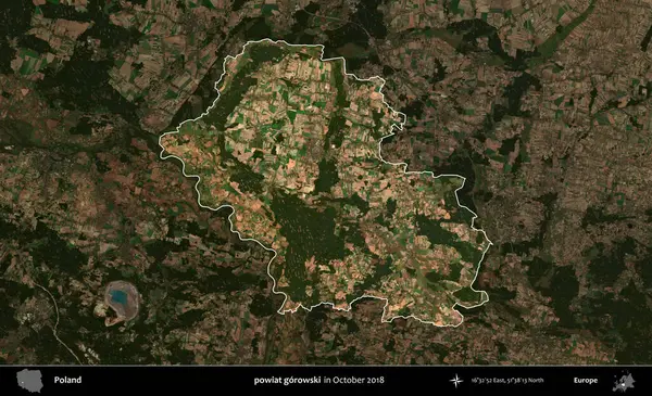 powiat gorowski. Polonya 'nın idari alanı, Ekim 2018' de çekilen Kopernik Nöbetçi karolarından oluşan koyu renkli bir uydu görüntüsü üzerine vurgulandı ve özetlendi