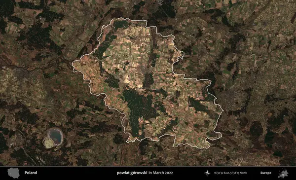 powiat gorowski. Polonya 'nın idari alanı, Mart 2022' de çekilen Kopernik Nöbetçi karolarından oluşan koyu renkli bir uydu görüntüsü üzerine vurgulandı ve özetlendi.