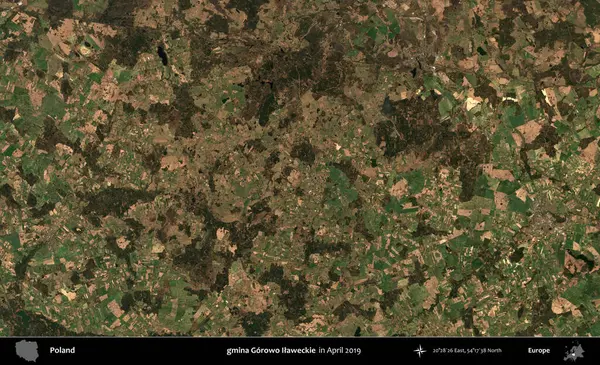 gmina Gorowo Ilaweckie. Nisan 2019 'da çekilen Kopernik Sentinel karolarından oluşan bir uydu görüntüsü üzerine Polonya' nın idari bölgesi