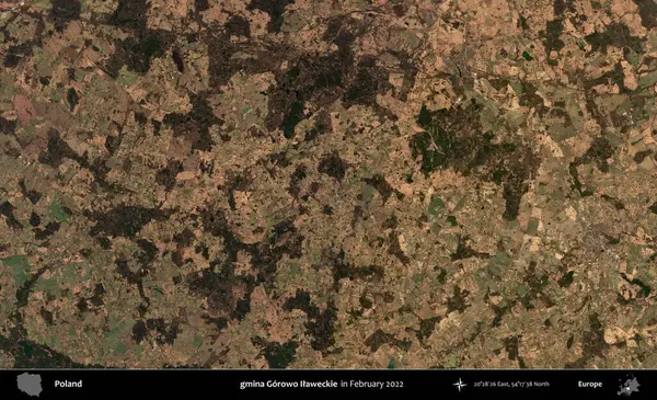gmina Gorowo Ilaweckie. Polonya 'nın idari bölgesi, Şubat 2022' de çekilen Kopernik Sentinel karolarından oluşan bir uydu görüntüsü üzerine kurulmuştur.