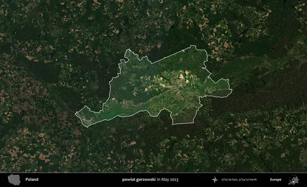 powiat gorzowski. Polonya 'nın idari alanı, Mayıs 2023' te çekilen Kopernik Nöbetçi karolarından oluşan koyu renkli bir uydu görüntüsü üzerinde vurgulandı ve özetlendi.