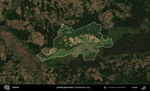 powiat gorzowski. Polonya 'nın idari alanı, Eylül 2023' te çekilen Kopernik Nöbetçi karolarından oluşan koyu renkli bir uydu görüntüsü üzerine vurgulandı ve özetlendi.