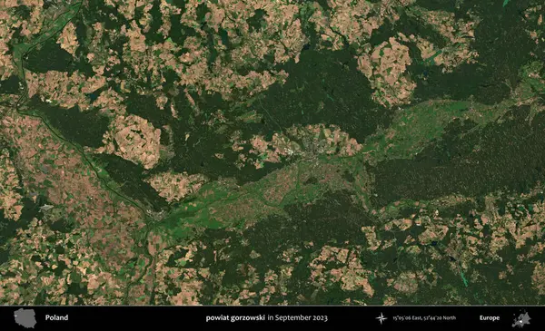 powiat gorzowski. Eylül 2023 'te Copernicus Sentinel karolarından oluşan uydu görüntüsü üzerine Polonya' nın idari bölgesi