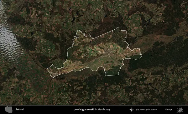 powiat gorzowski. Polonya 'nın idari alanı, Mart 2025' te çekilen Kopernik Nöbetçi karolarından oluşan koyu renkli bir uydu görüntüsü üzerine vurgulandı ve özetlendi