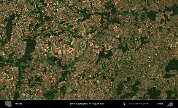 powiat gostynski. Copernicus Sentinel 'in Ağustos 2018' de çekilmiş uydu görüntüsü üzerine Polonya 'nın idari bölgesi