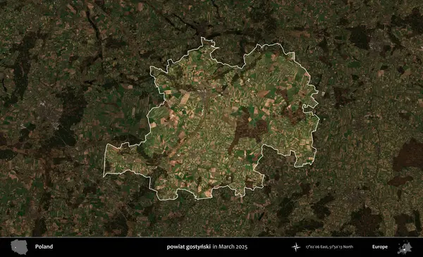 powiat gostynski. Polonya 'nın idari alanı, Mart 2025' te çekilen Kopernik Nöbetçi karolarından oluşan koyu renkli bir uydu görüntüsü üzerine vurgulandı ve özetlendi