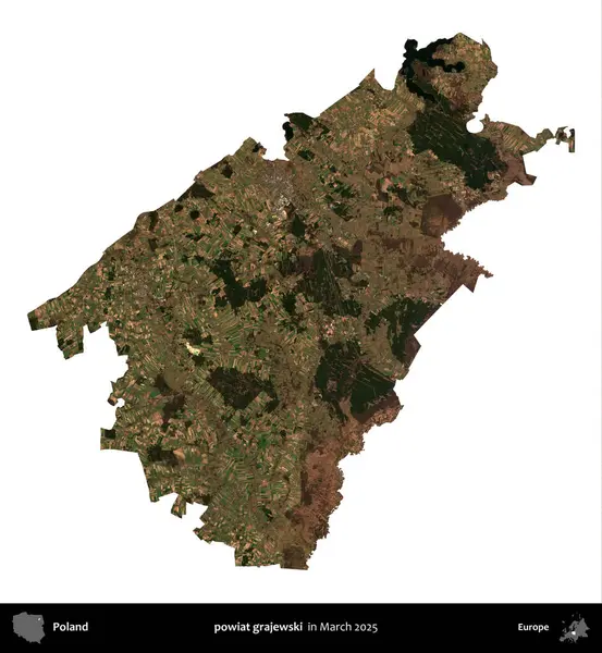 powiat grajewski. Polonya idari bölgesi, Mart 2025 'te çekilen Kopernik Nöbetçi karolarından oluşan bir uydu görüntüsü üzerinde beyaza izole edildi.