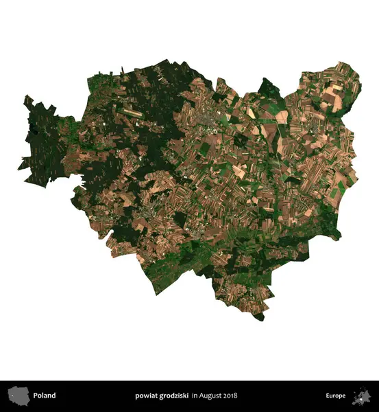 powiat grodziski. Polonya idari bölgesi, Ağustos 2018 'de çekilen Kopernik Nöbetçi karolarından oluşan bir uydu görüntüsü üzerinde beyaza izole edildi.