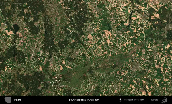 powiat grodziski. Nisan 2019 'da çekilen Kopernik Sentinel karolarından oluşan bir uydu görüntüsü üzerine Polonya' nın idari bölgesi