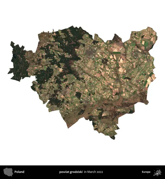 powiat grodziski. Polonya idari bölgesi, Mart 2022 'de çekilen Kopernik Nöbetçi karolarından oluşan bir uydu görüntüsü üzerinde beyaza izole edildi.