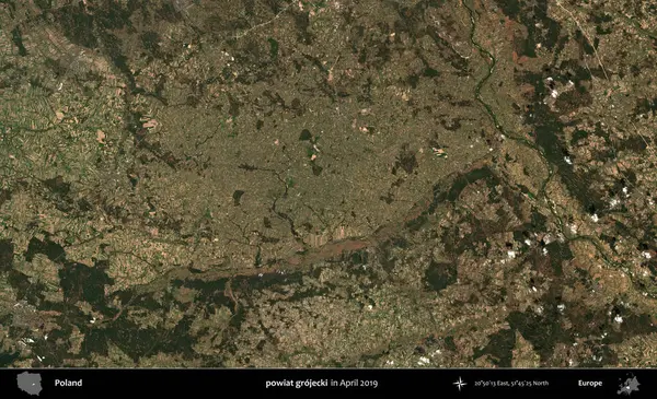 powiat grojecki. Nisan 2019 'da çekilen Kopernik Sentinel karolarından oluşan bir uydu görüntüsü üzerine Polonya' nın idari bölgesi