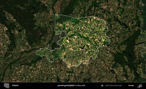 powiat grudziadzki. Polonya 'nın idari alanı, Mayıs 2016' da çekilen Kopernik Nöbetçi karolarından oluşan koyu renkli bir uydu görüntüsü üzerine vurgulandı ve özetlendi