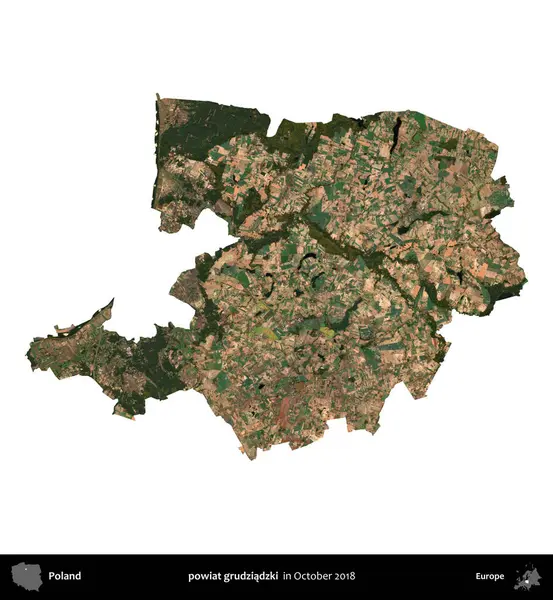 powiat grudziadzki. Polonya idari bölgesi, Ekim 2018 'de çekilen Kopernik Nöbetçi karolarından oluşan bir uydu görüntüsü üzerinde beyaza izole edildi.
