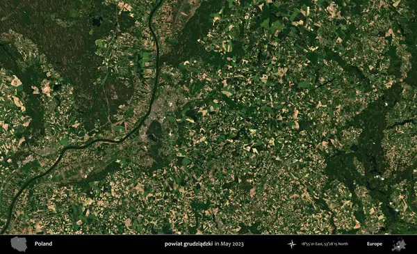 powiat grudziadzki. Copernicus Sentinel 'in Mayıs 2023' te çekilmiş uydu görüntüsü üzerine Polonya 'nın idari bölgesi.