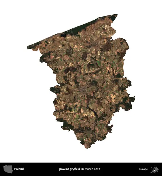 powiat gryficki. Polonya idari bölgesi, Mart 2022 'de çekilen Kopernik Nöbetçi karolarından oluşan bir uydu görüntüsü üzerinde beyaza izole edildi.
