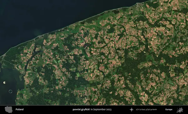 powiat gryficki. Eylül 2023 'te Copernicus Sentinel karolarından oluşan uydu görüntüsü üzerine Polonya' nın idari bölgesi