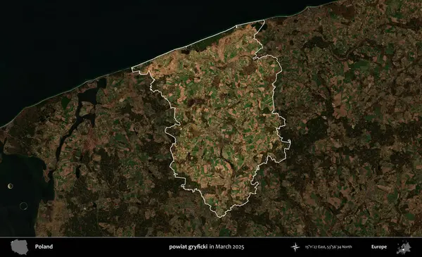 powiat gryficki. Polonya 'nın idari alanı, Mart 2025' te çekilen Kopernik Nöbetçi karolarından oluşan koyu renkli bir uydu görüntüsü üzerine vurgulandı ve özetlendi