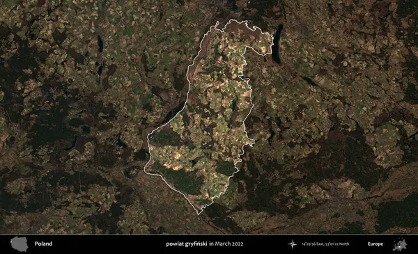 powiat gryfinski. Polonya 'nın idari alanı, Mart 2022' de çekilen Kopernik Nöbetçi karolarından oluşan koyu renkli bir uydu görüntüsü üzerine vurgulandı ve özetlendi.