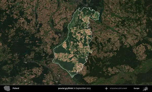 powiat gryfinski. Polonya 'nın idari alanı, Eylül 2023' te çekilen Kopernik Nöbetçi karolarından oluşan koyu renkli bir uydu görüntüsü üzerine vurgulandı ve özetlendi.