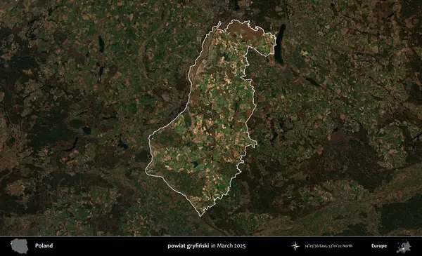 powiat gryfinski. Polonya 'nın idari alanı, Mart 2025' te çekilen Kopernik Nöbetçi karolarından oluşan koyu renkli bir uydu görüntüsü üzerine vurgulandı ve özetlendi