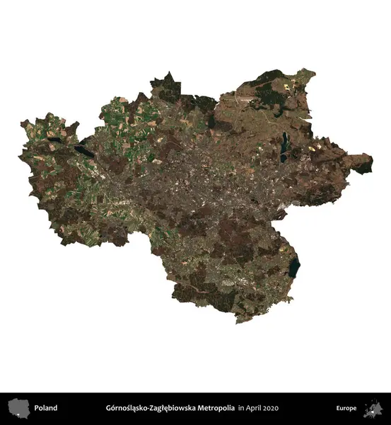 Gornoslasko-Zaglebiowska Metropoliası. Polonya idari bölgesi, Nisan 2020 'de çekilen Kopernik Nöbetçi karolarından oluşan bir uydu görüntüsü üzerinde beyaza izole edildi.