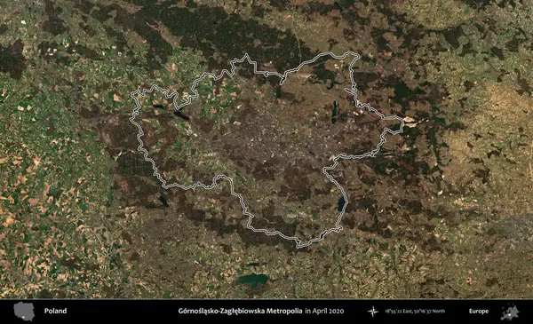 Gornoslasko-Zaglebiowska Metropoliası. Polonya 'nın idari bölgesini Nisan 2020' de çekilen Kopernik Nöbetçi karolarından oluşan bir uydu görüntüsüne göre özetledik.