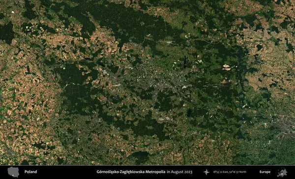 Gornoslasko-Zaglebiowska Metropoliası. Copernicus Sentinel 'in Ağustos 2023' te çekilmiş uydu görüntüsü üzerine Polonya 'nın idari bölgesi.