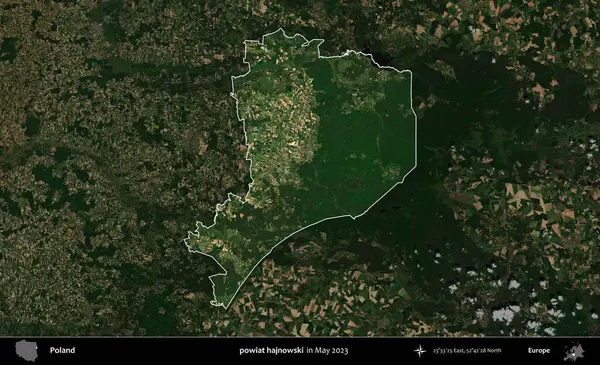 powiat hajnowski. Polonya 'nın idari alanı, Mayıs 2023' te çekilen Kopernik Nöbetçi karolarından oluşan koyu renkli bir uydu görüntüsü üzerinde vurgulandı ve özetlendi.