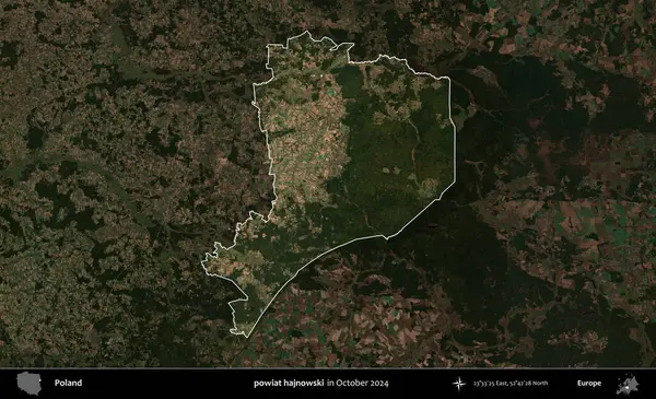 powiat hajnowski. Polonya 'nın idari alanı, Ekim 2024' te çekilen Kopernik Nöbetçi karolarından oluşan koyu renkli bir uydu görüntüsü üzerine vurgulandı ve özetlendi