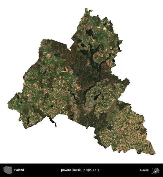 powiat ilawski. Polonya idari bölgesi, Nisan 2019 'da çekilen Kopernik Nöbetçi karolarından oluşan bir uydu görüntüsü üzerinde beyaza izole edildi.