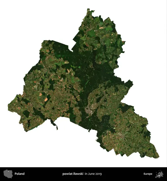 powiat ilawski. Polonya idari bölgesi, Haziran 2019 'da çekilen Kopernik Nöbetçi karolarından oluşan bir uydu görüntüsü üzerinde beyaza izole edildi.