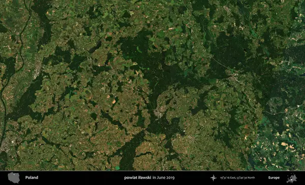 powiat ilawski. Copernicus Sentinel 'in Haziran 2019' da çekilmiş uydu görüntüsü üzerine Polonya 'nın idari bölgesi.