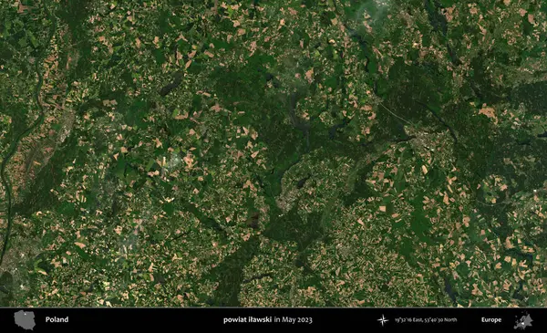 powiat ilawski. Copernicus Sentinel 'in Mayıs 2023' te çekilmiş uydu görüntüsü üzerine Polonya 'nın idari bölgesi.