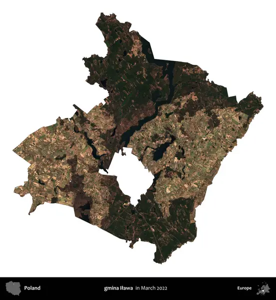 gmina Ilawa. Polonya idari bölgesi, Mart 2022 'de çekilen Kopernik Nöbetçi karolarından oluşan bir uydu görüntüsü üzerinde beyaza izole edildi.