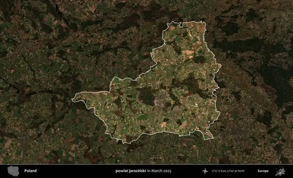 powiat jarocinski. Polonya 'nın idari alanı, Mart 2025' te çekilen Kopernik Nöbetçi karolarından oluşan koyu renkli bir uydu görüntüsü üzerine vurgulandı ve özetlendi