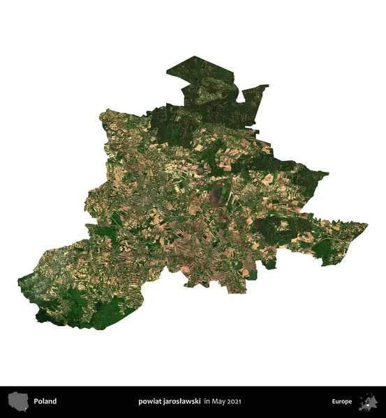 powiat jaroslawski. Polonya idari bölgesi, Mayıs 2021 'de çekilen Kopernik Nöbetçi Karolarından oluşan bir uydu görüntüsü üzerinde beyaza izole edildi.