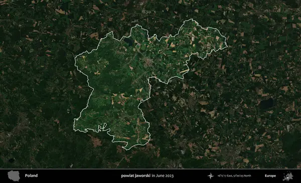powiat jaworski. Polonya 'nın idari alanı, Haziran 2023' te çekilen Kopernik Nöbetçi karolarından oluşan koyu renkli bir uydu görüntüsü üzerine vurgulandı ve özetlendi.