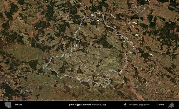 powiat jedrzejowski. Polonya 'nın idari bölgesinin ana hatları, Mart 2025' te çekilen Kopernik Nöbetçi karolarından oluşan bir uydu görüntüsü üzerine çizildi.
