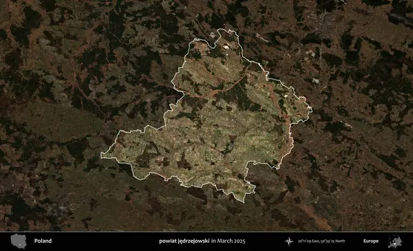 powiat jedrzejowski. Polonya 'nın idari alanı, Mart 2025' te çekilen Kopernik Nöbetçi karolarından oluşan koyu renkli bir uydu görüntüsü üzerine vurgulandı ve özetlendi